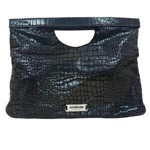 Nine West Clutch Women’s Black Faux Crocodile Cutout Handle Evening Purse